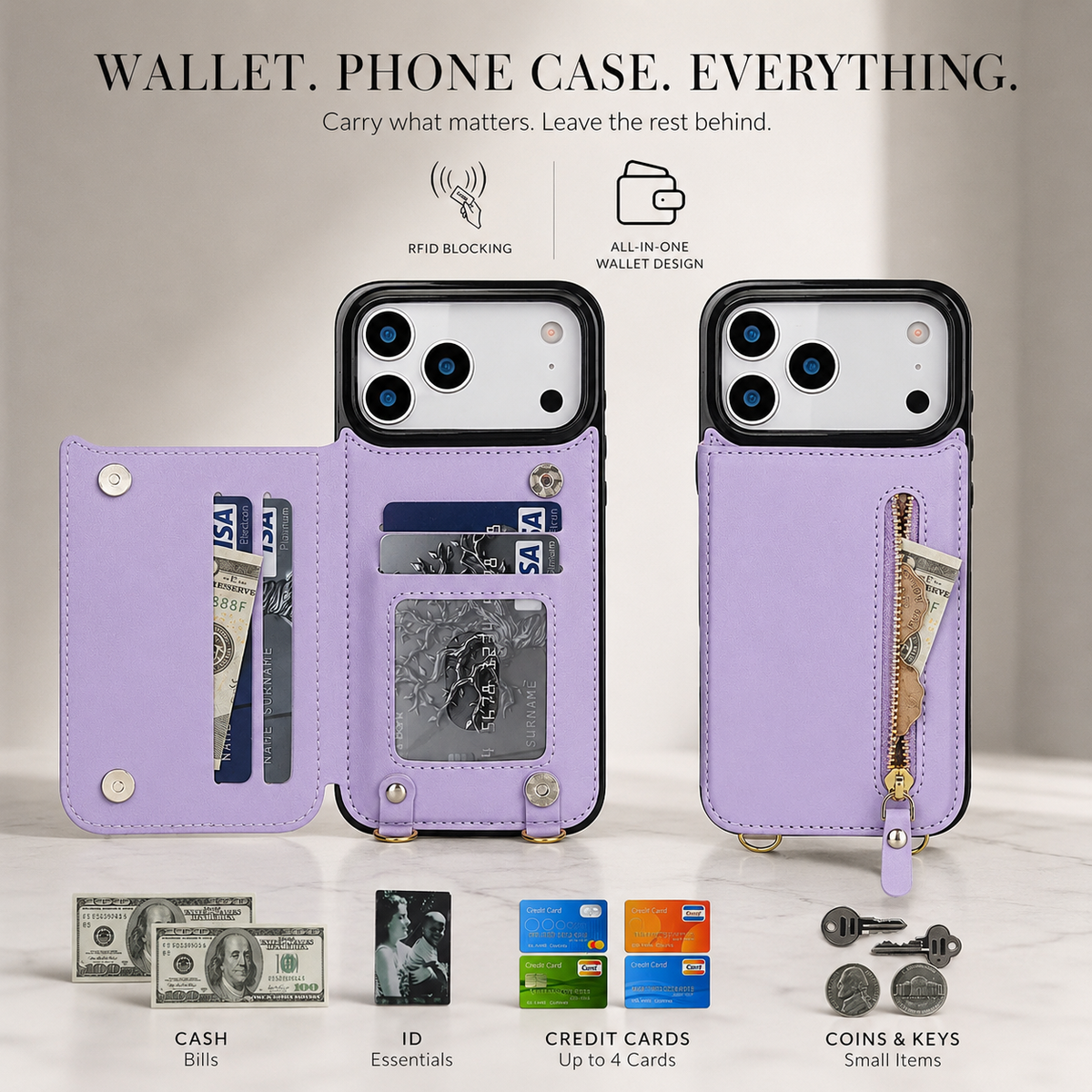 Premium iPhone Case Crossbody Leather RFID Wallet Cover with Zipper Card Slot Lanyard Strap Shockproof Anti Fingerprint Protective Design