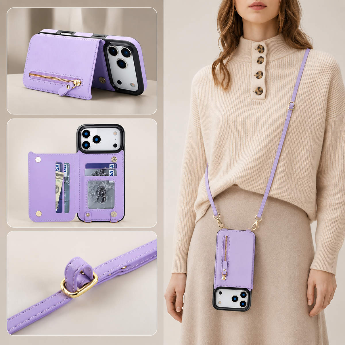 Premium iPhone Case Crossbody Leather RFID Wallet Cover with Zipper Card Slot Lanyard Strap Shockproof Anti Fingerprint Protective Design