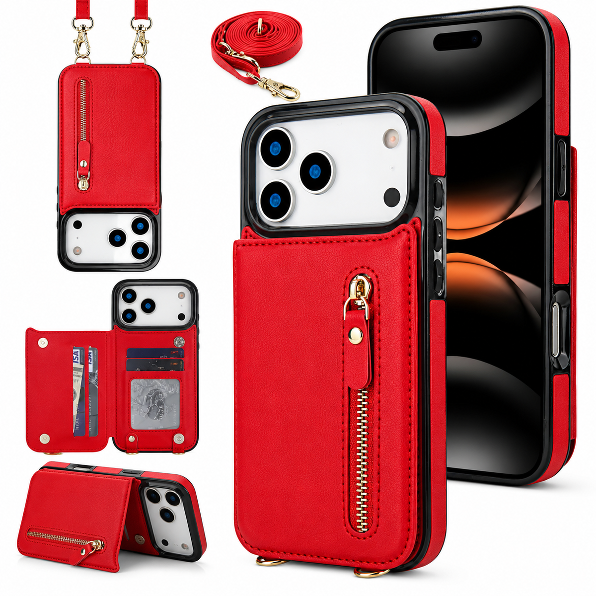 Premium iPhone Case Crossbody Leather RFID Wallet Cover with Zipper Card Slot Lanyard Strap Shockproof Anti Fingerprint Protective Design