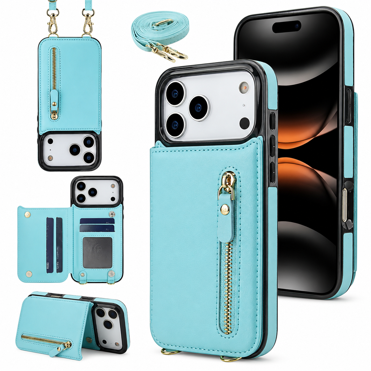 Premium iPhone Case Crossbody Leather RFID Wallet Cover with Zipper Card Slot Lanyard Strap Shockproof Anti Fingerprint Protective Design