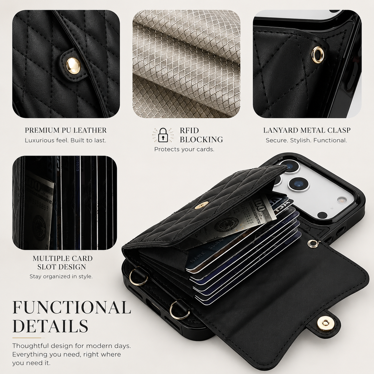 Premium iPhone Case Crossbody Leather Wallet Cover Wrist Shoulder Strap Card Coin Storage Shockproof Protection