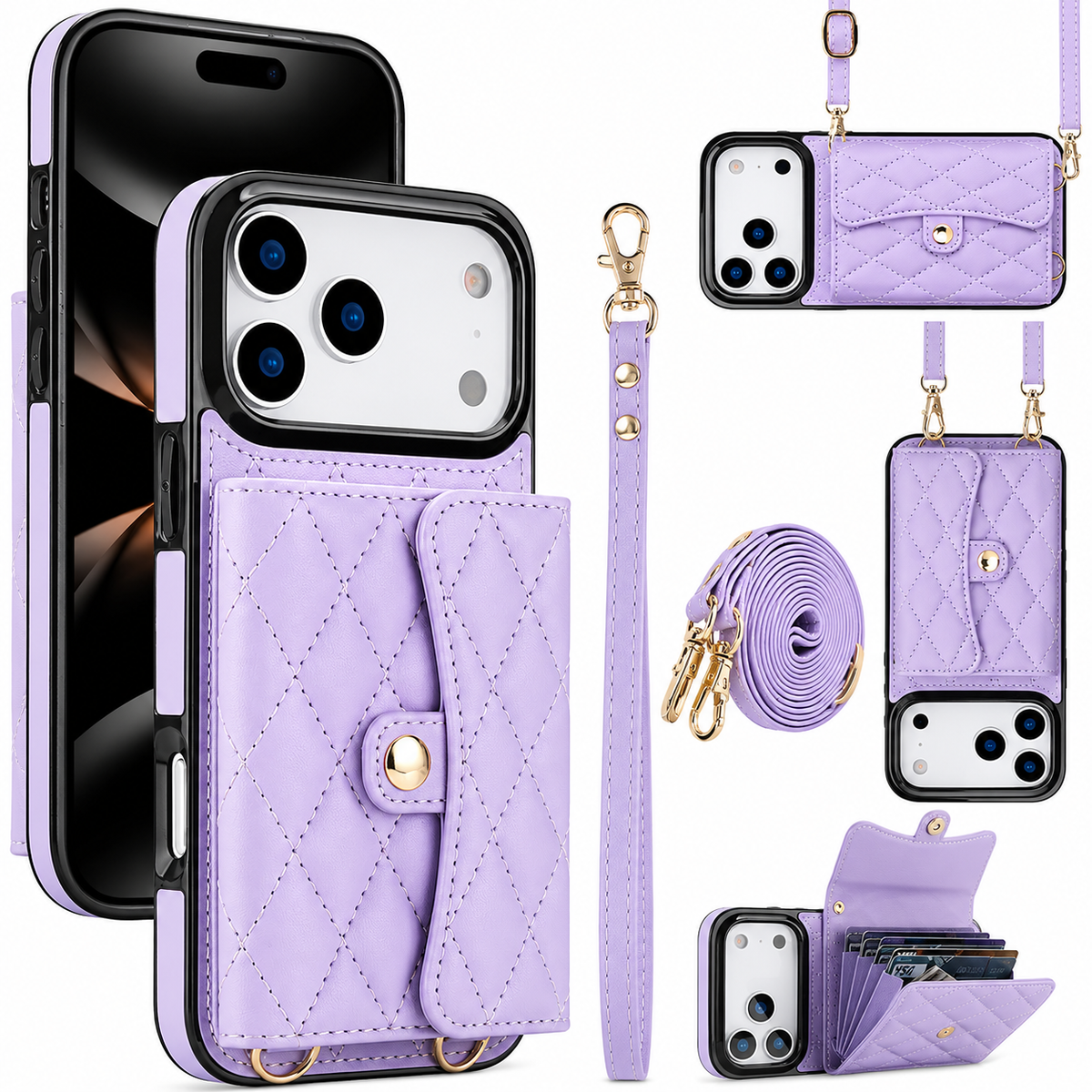 Premium iPhone Case Crossbody Leather Wallet Cover Wrist Shoulder Strap Card Coin Storage Shockproof Protection