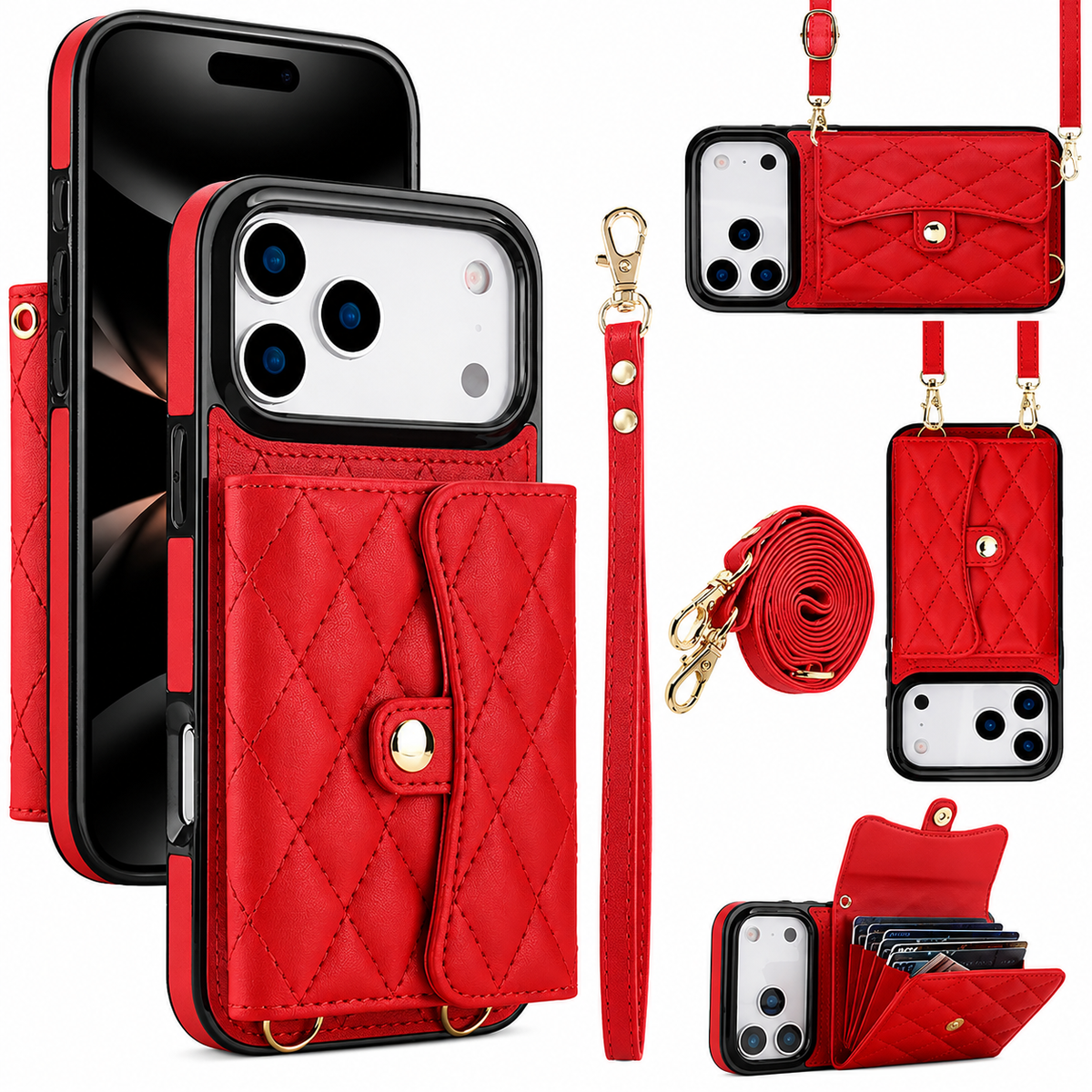 Premium iPhone Case Crossbody Leather Wallet Cover Wrist Shoulder Strap Card Coin Storage Shockproof Protection