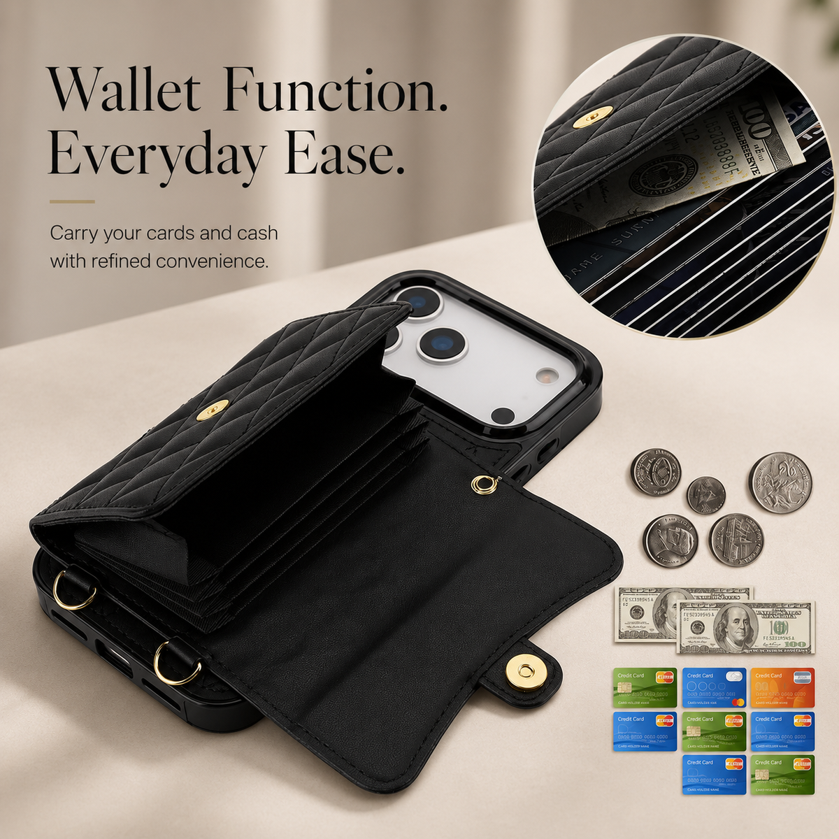 Premium iPhone Case Crossbody Leather Wallet Cover Wrist Shoulder Strap Card Coin Storage Shockproof Protection