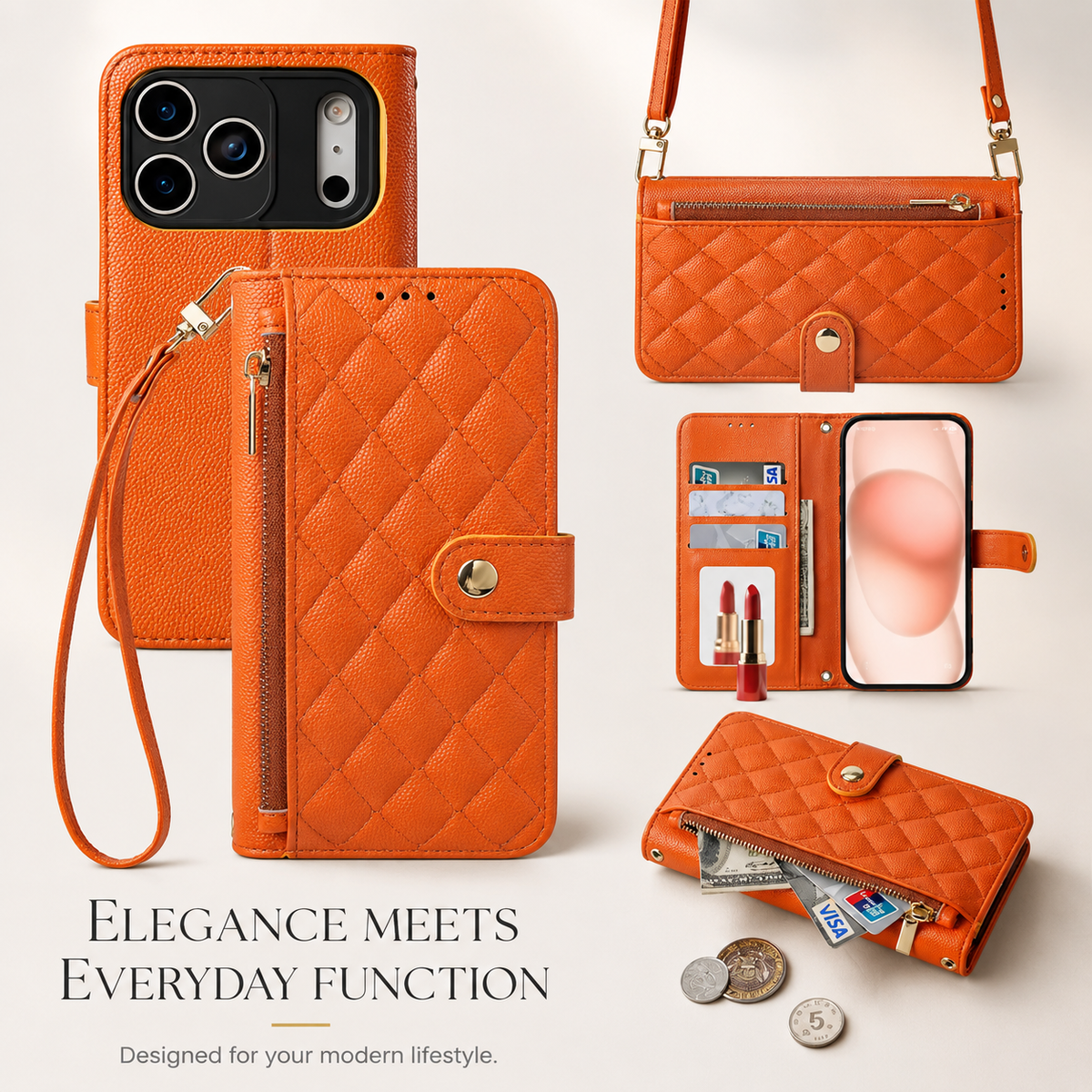 Premium iPhone Case Crossbody Leather Wallet Cover with Card Holder Lanyard Strap Anti Scratch Non Slip Protective PU Design