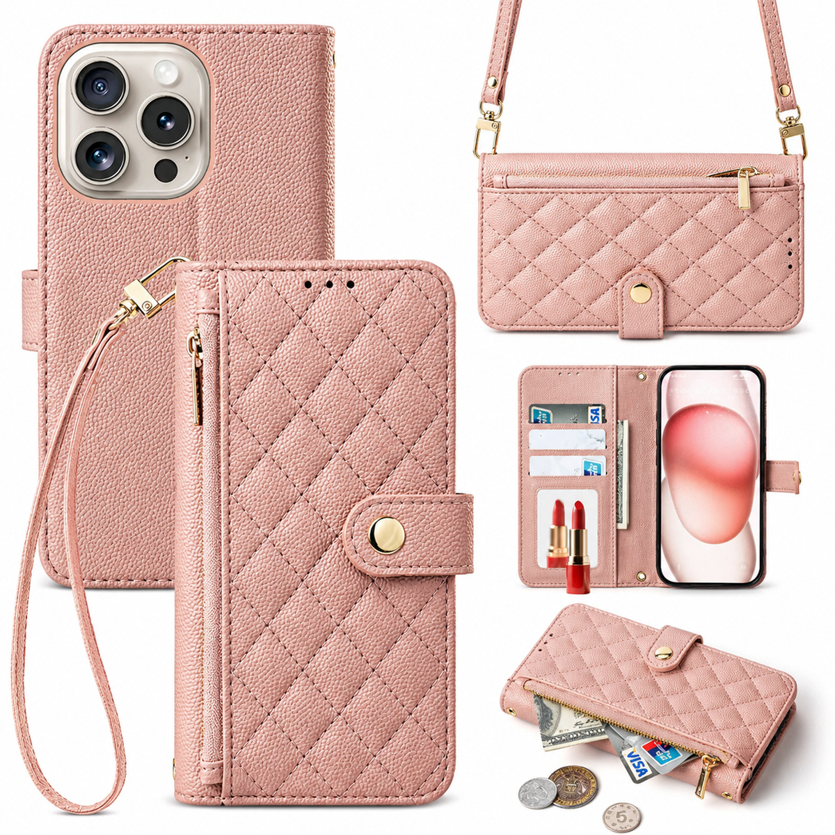 Premium iPhone Case Crossbody Leather Wallet Cover with Card Holder Lanyard Strap Anti Scratch Non Slip Protective PU Design