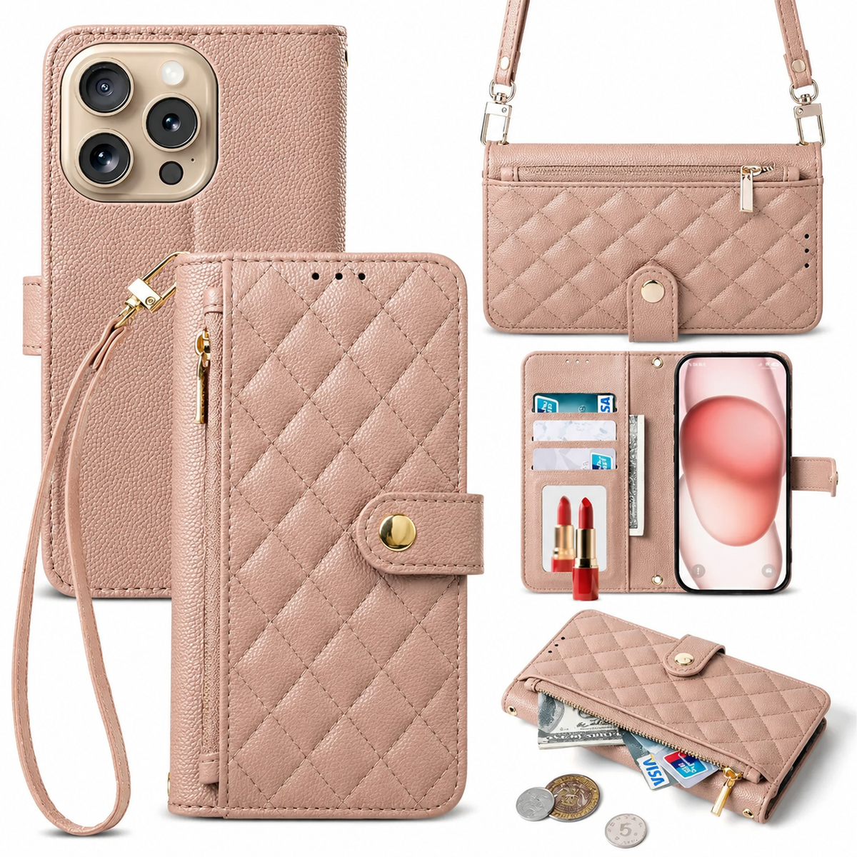 Premium iPhone Case Crossbody Leather Wallet Cover with Card Holder Lanyard Strap Anti Scratch Non Slip Protective PU Design