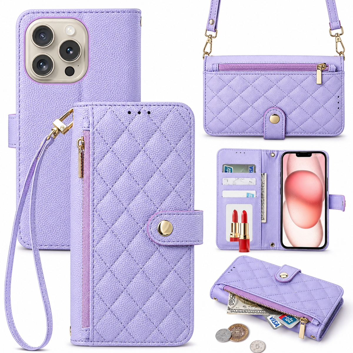 Premium iPhone Case Crossbody Leather Wallet Cover with Card Holder Lanyard Strap Anti Scratch Non Slip Protective PU Design