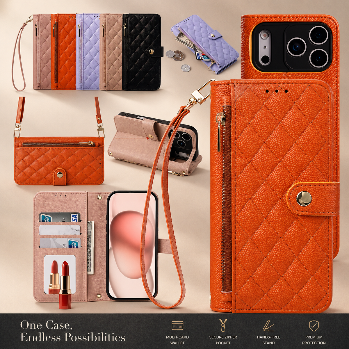 Premium iPhone Case Crossbody Leather Wallet Cover with Card Holder Lanyard Strap Anti Scratch Non Slip Protective PU Design
