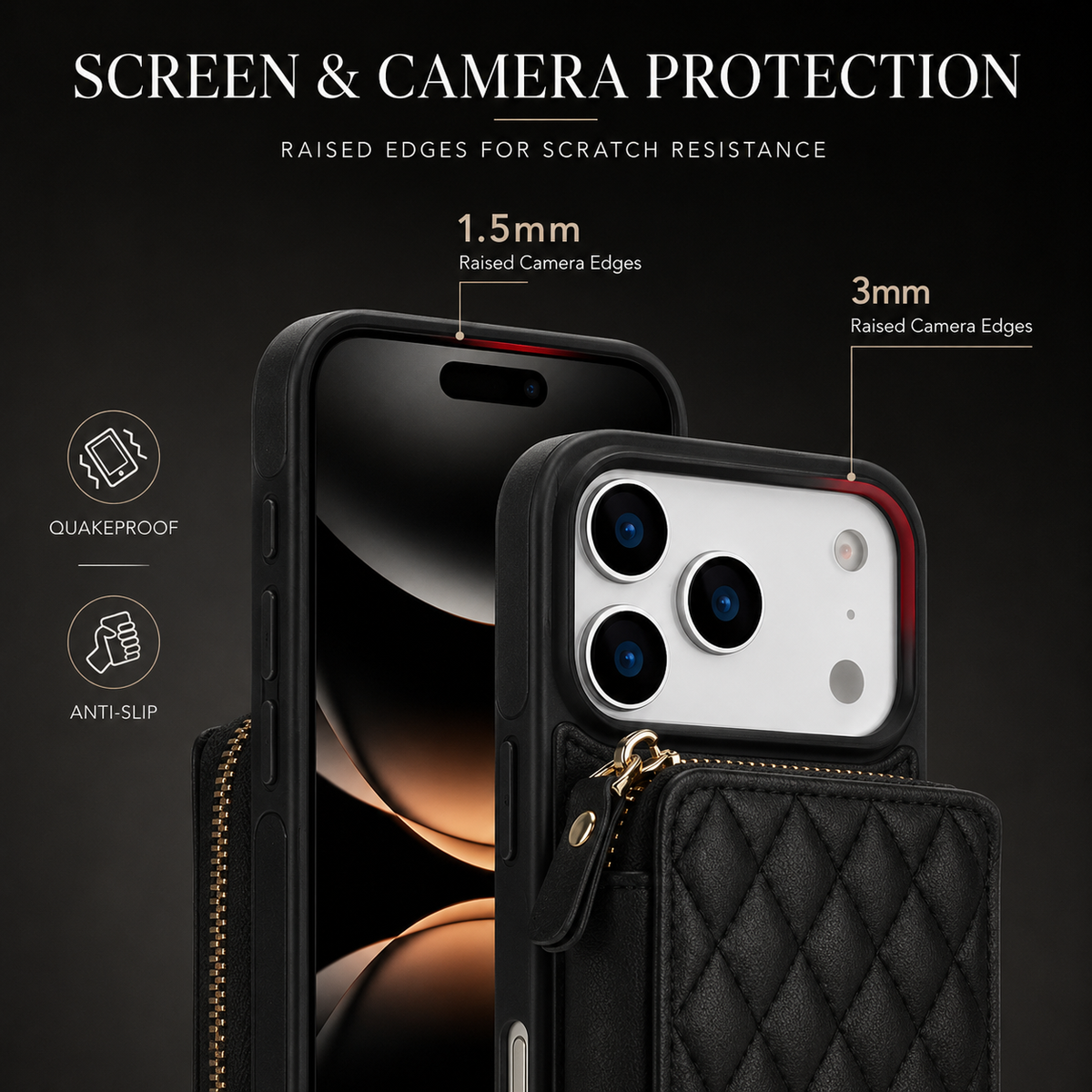 Premium iPhone Case Crossbody RFID Blocking Folio Wallet Cover Zipper Handbag Card Slots Kickstand Full Protection