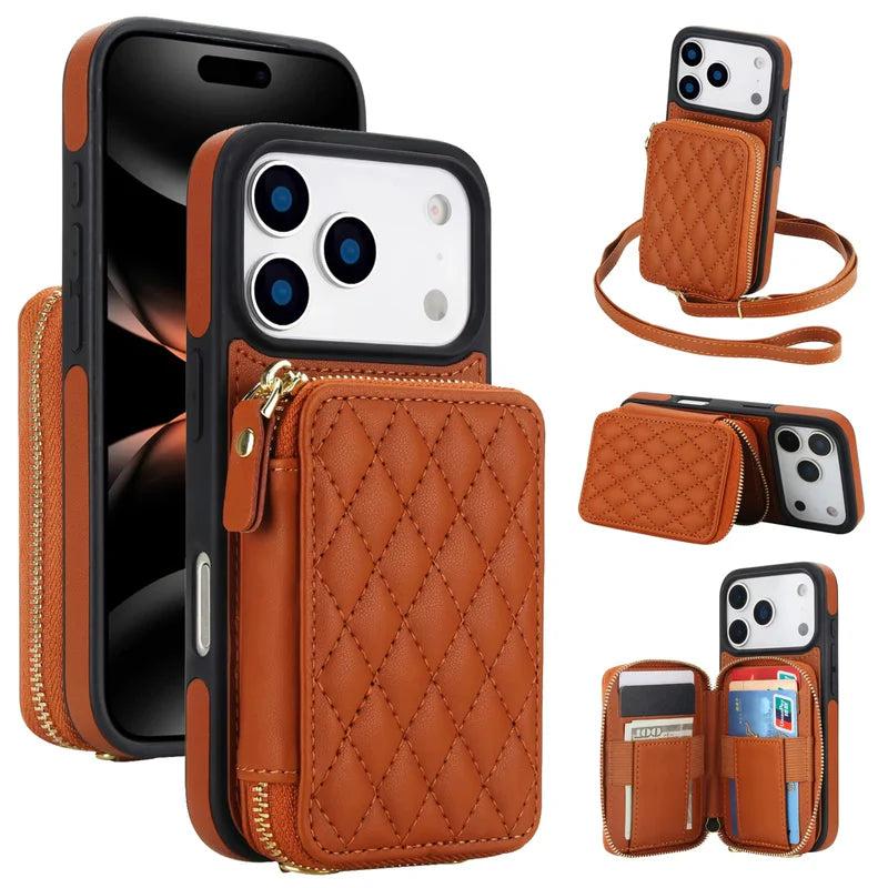 Premium iPhone Case Crossbody RFID Blocking Folio Wallet Cover Zipper Handbag Card Slots Kickstand Full Protection