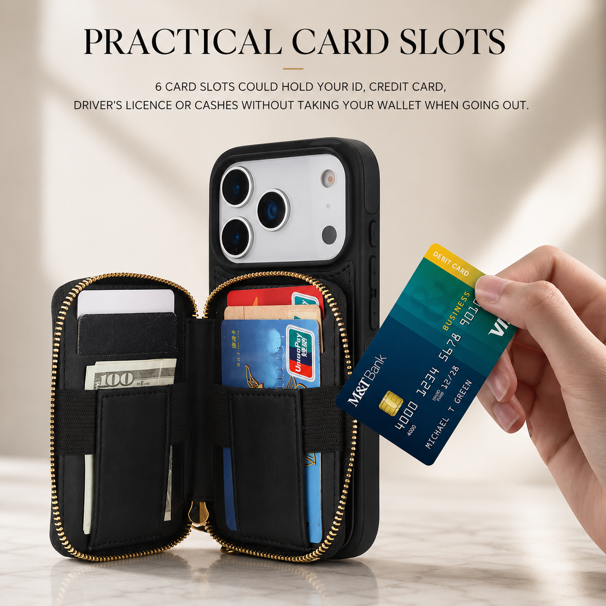 Premium iPhone Case Crossbody RFID Blocking Folio Wallet Cover Zipper Handbag Card Slots Kickstand Full Protection