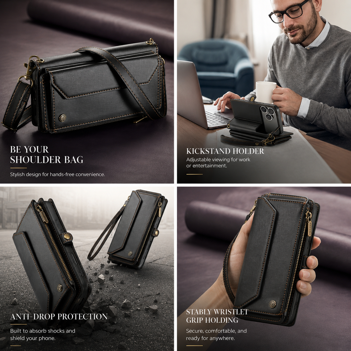 Premium iPhone Case Crossbody RFID Blocking PU Leather Wallet Cover Card Holder Wristlet Shoulder Strap Protection