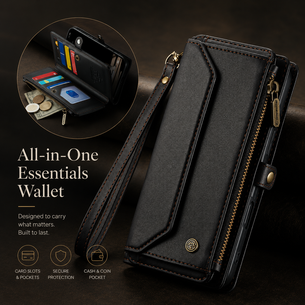 Premium iPhone Case Crossbody RFID Blocking PU Leather Wallet Cover Card Holder Wristlet Shoulder Strap Protection