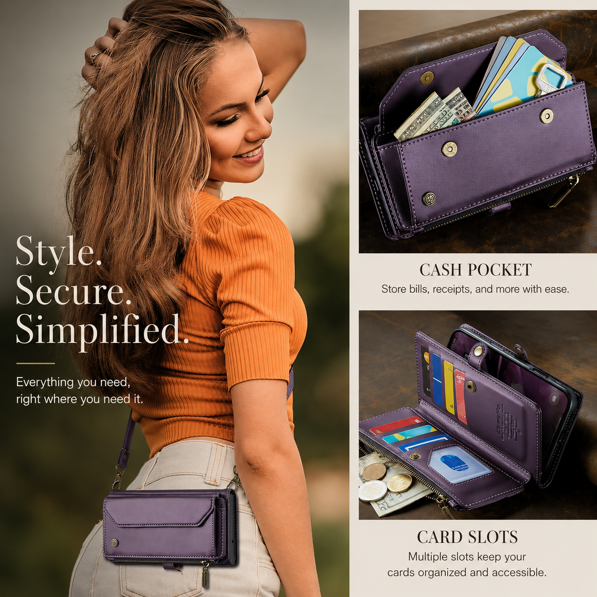 Premium iPhone Case Crossbody RFID Blocking PU Leather Wallet Cover Card Holder Wristlet Shoulder Strap Protection
