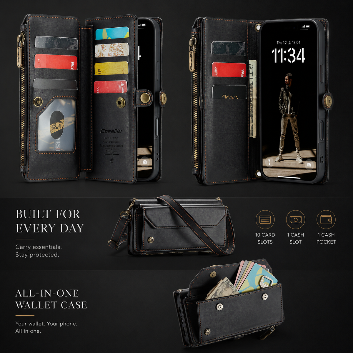 Premium iPhone Case Crossbody RFID Blocking PU Leather Wallet Cover Card Holder Wristlet Shoulder Strap Protection