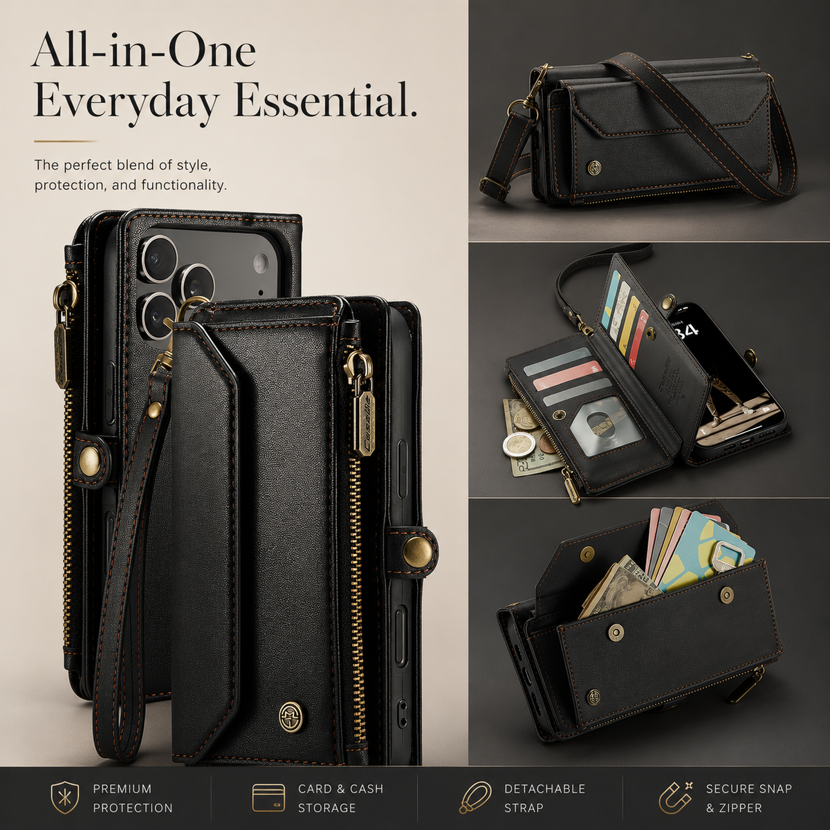 Premium iPhone Case Crossbody RFID Blocking PU Leather Wallet Cover Card Holder Wristlet Shoulder Strap Protection