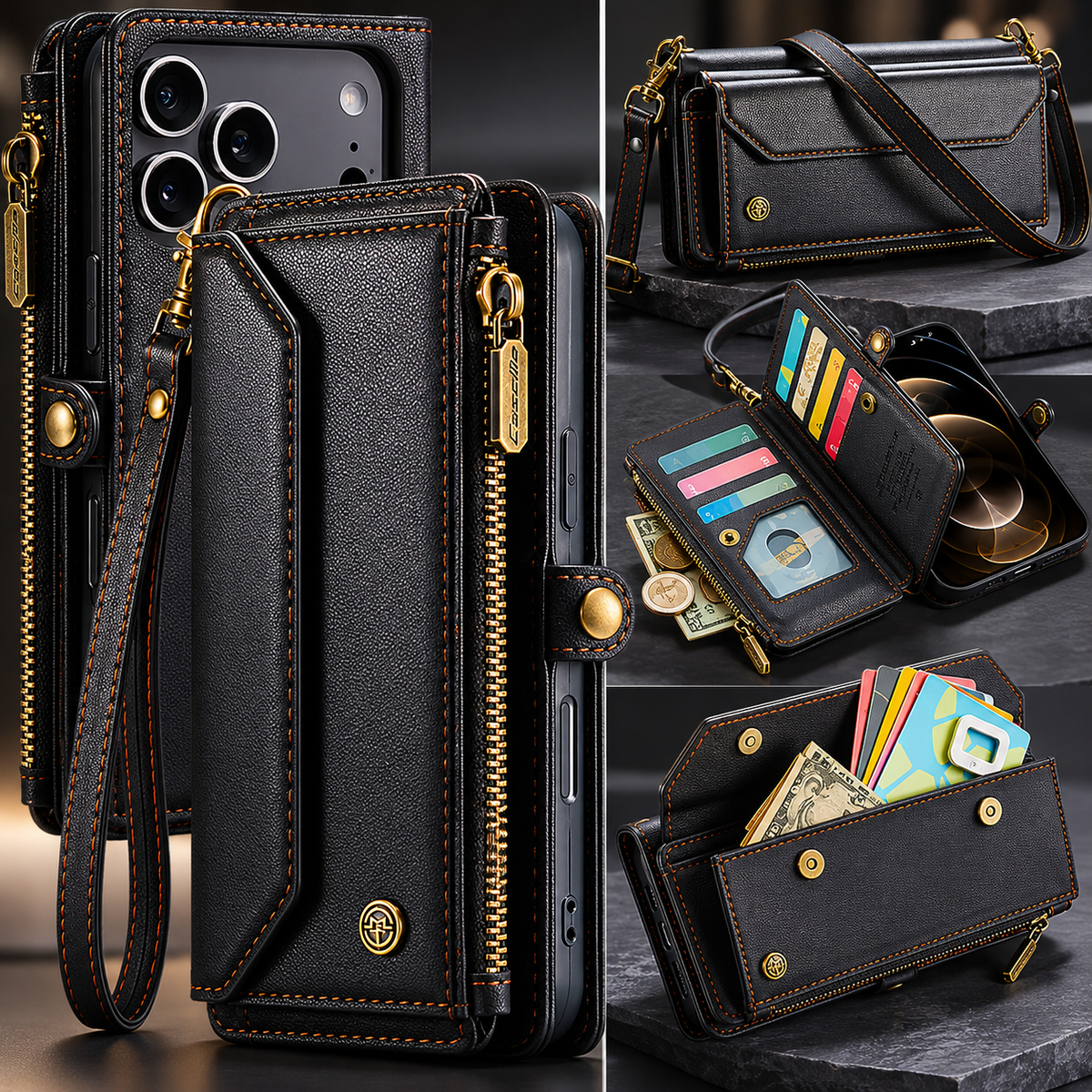 Premium iPhone Case Crossbody RFID Blocking PU Leather Wallet Cover Card Holder Wristlet Shoulder Strap Protection