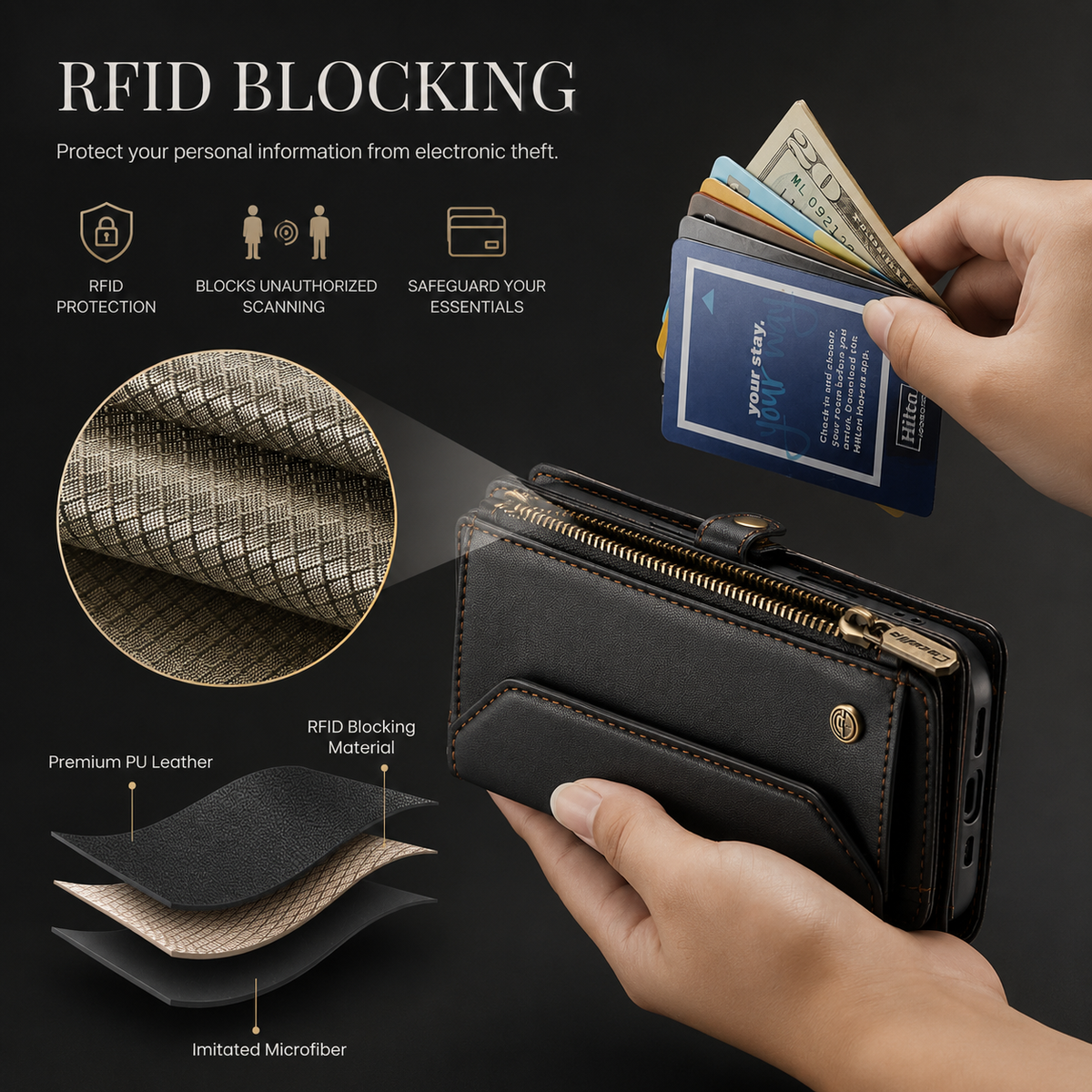 Premium iPhone Case Crossbody RFID Blocking PU Leather Wallet Cover Card Holder Wristlet Shoulder Strap Protection