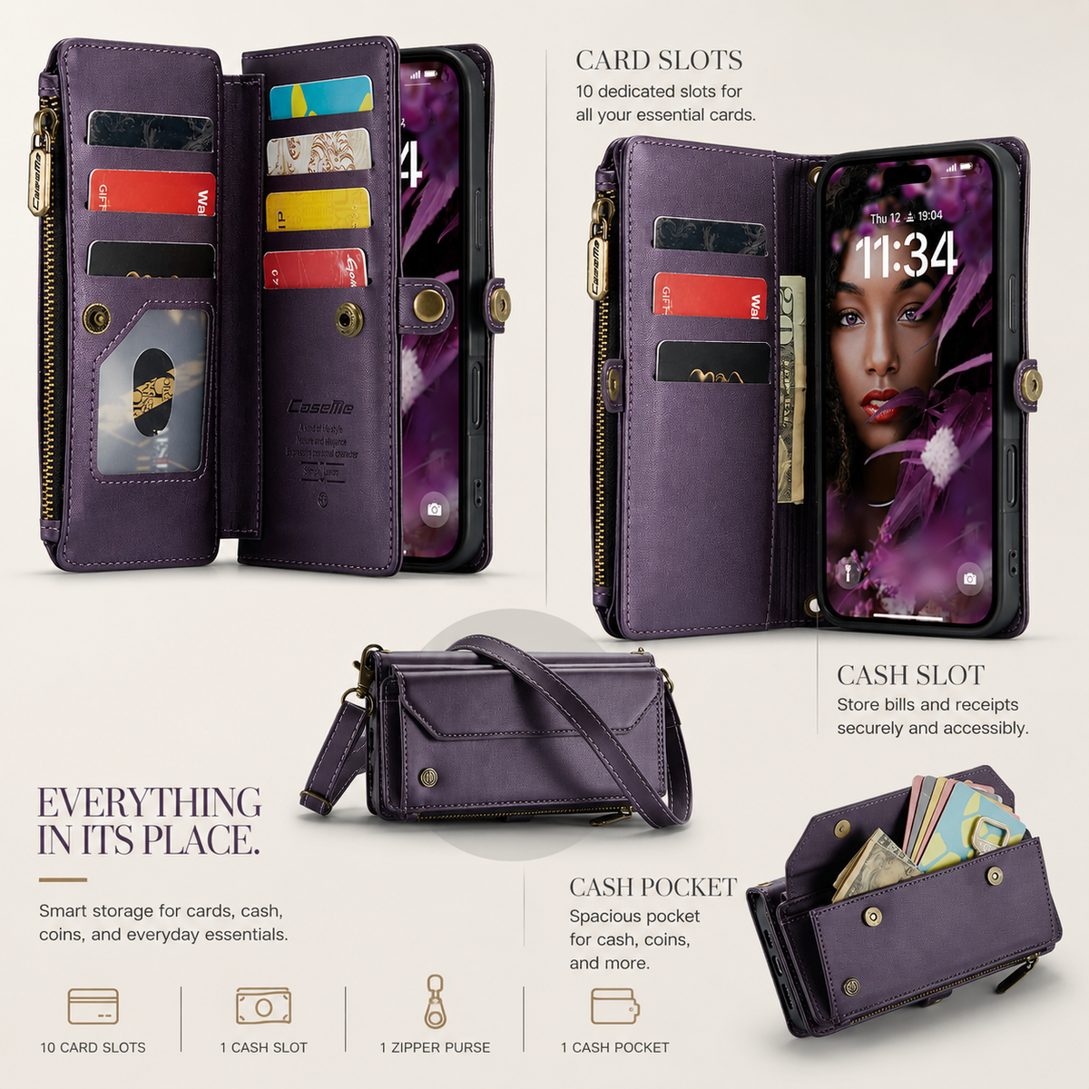 Premium iPhone Case Crossbody RFID Blocking PU Leather Wallet Cover Card Holder Wristlet Shoulder Strap Protection