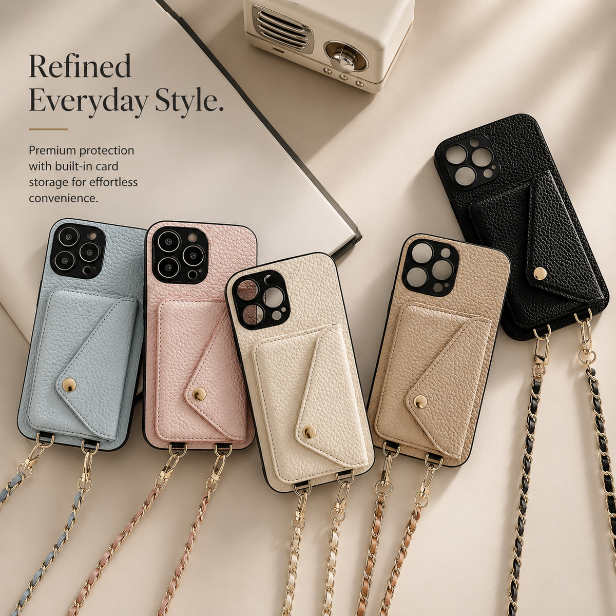 Premium iPhone Case Crossbody Wallet Cover Card Holder Chain Strap PU Leather Full Protection Design