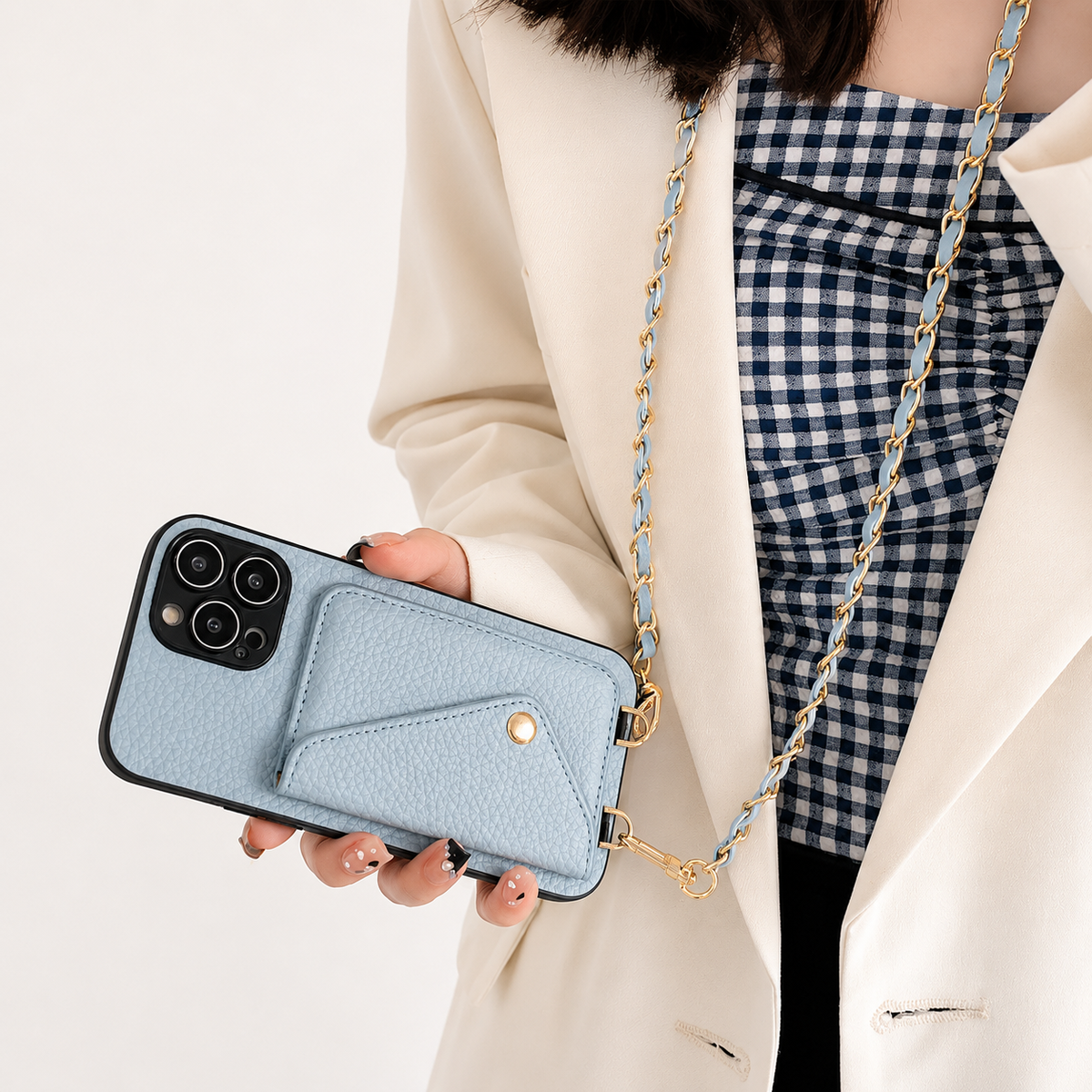 Premium iPhone Case Crossbody Wallet Cover Card Holder Chain Strap PU Leather Full Protection Design