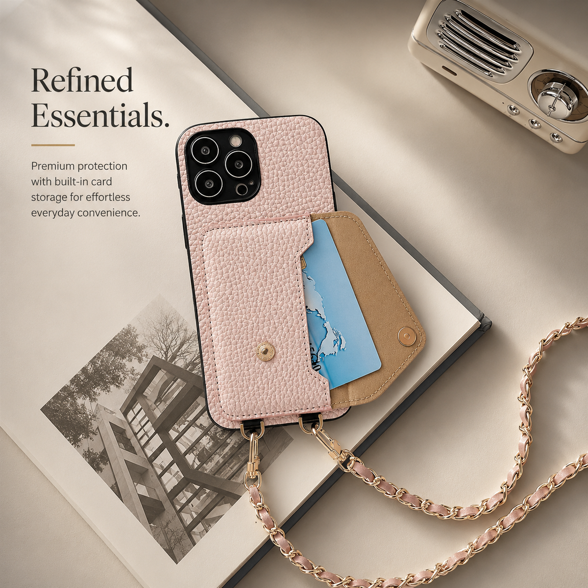 Premium iPhone Case Crossbody Wallet Cover Card Holder Chain Strap PU Leather Full Protection Design
