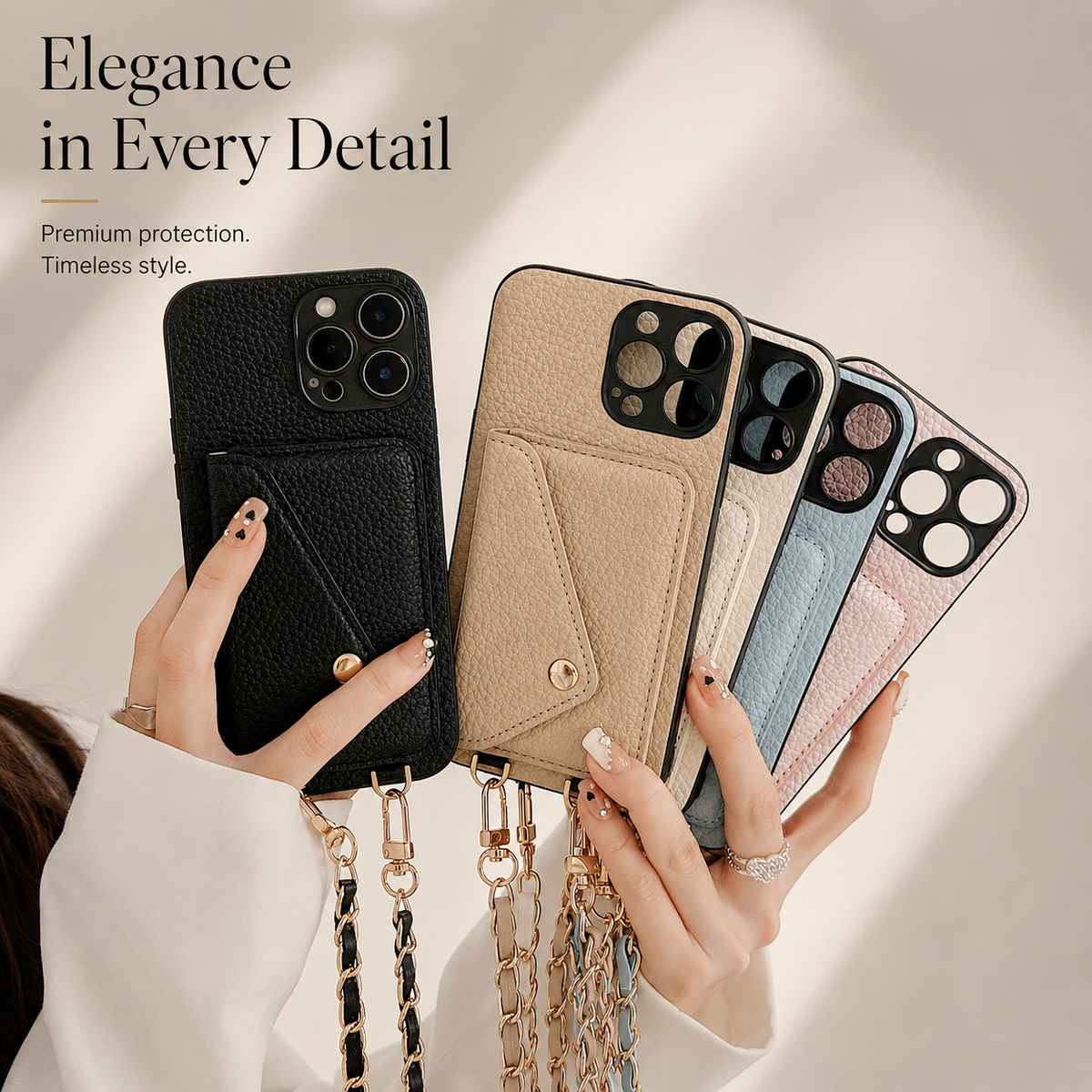 Premium iPhone Case Crossbody Wallet Cover Card Holder Chain Strap PU Leather Full Protection Design