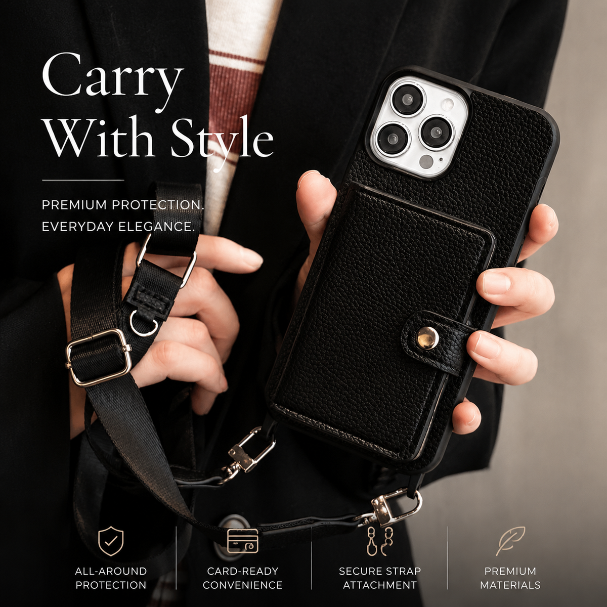 Premium iPhone Case Crossbody Wallet Cover PU Leather Card Holder RFID Protection Full Protection