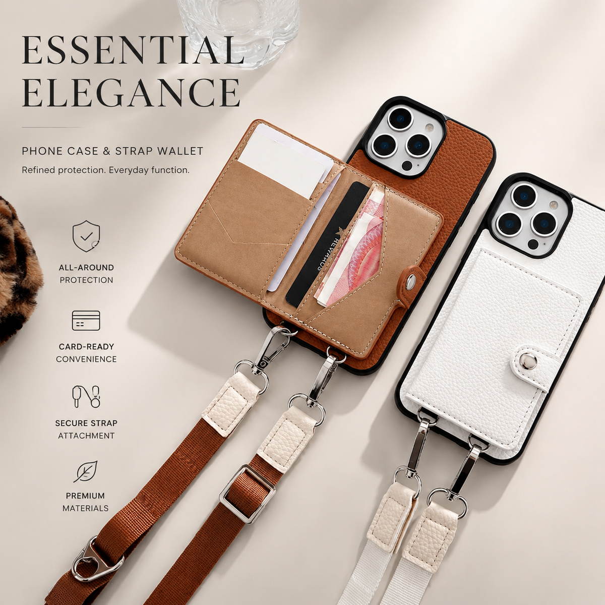 Premium iPhone Case Crossbody Wallet Cover PU Leather Card Holder RFID Protection Full Protection