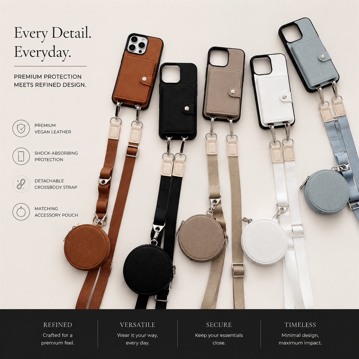 Premium iPhone Case Crossbody Wallet Cover PU Leather Card Holder RFID Protection Full Protection
