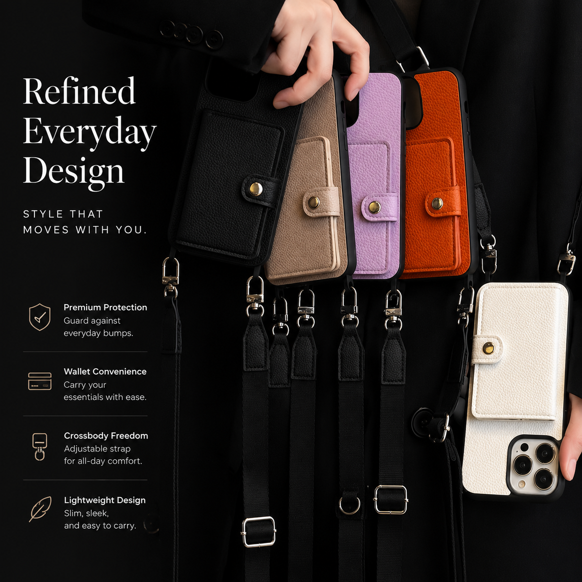 Premium iPhone Case Crossbody Wallet Cover PU Leather Card Holder RFID Protection Full Protection