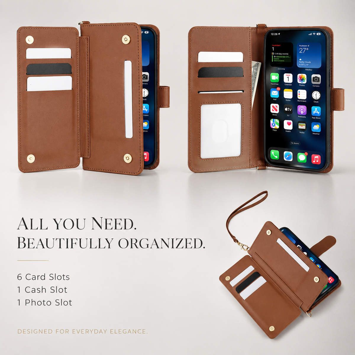 Premium iPhone Case Crossbody Wallet Cover PU Leather Card Holder Shoulder Strap Shockproof Full Protection