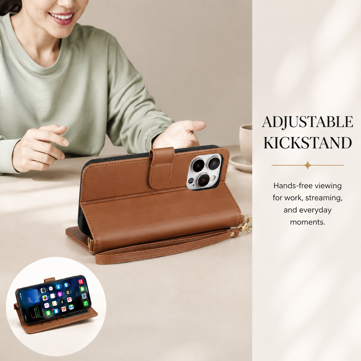 Premium iPhone Case Crossbody Wallet Cover PU Leather Card Holder Shoulder Strap Shockproof Full Protection