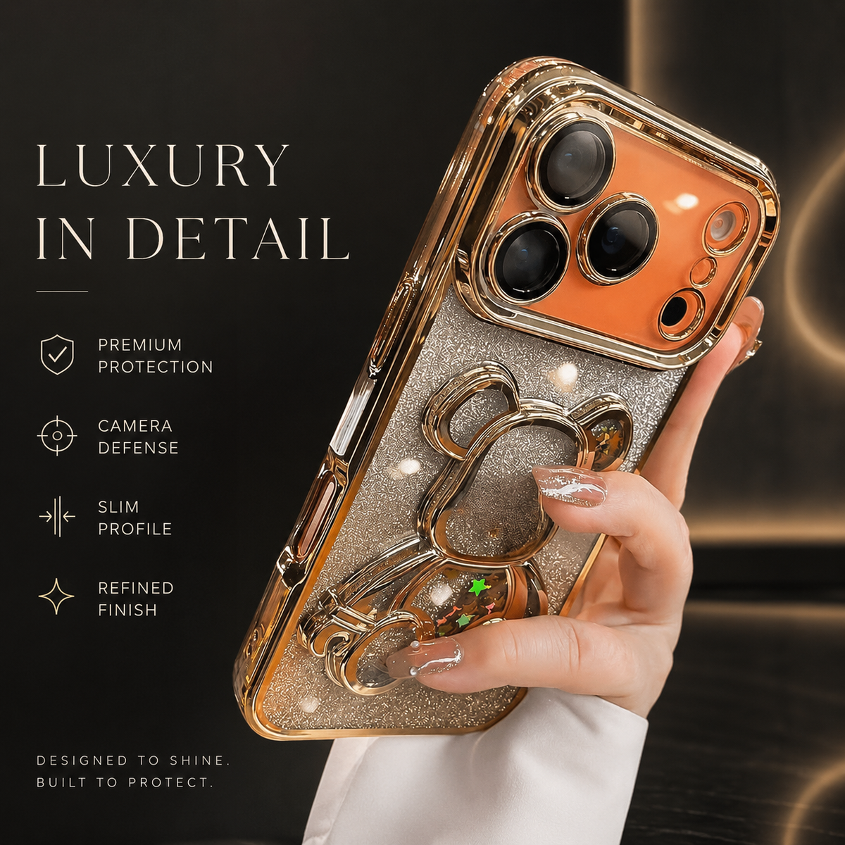 Premium iPhone Case Cute Glitter Quicksand Bear Cover Shockproof Acrylic Cartoon Protective Case With Camera Protection