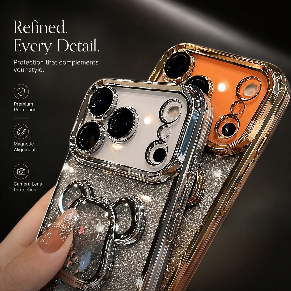 Premium iPhone Case Cute Glitter Quicksand Bear Cover Shockproof Acrylic Cartoon Protective Case With Camera Protection