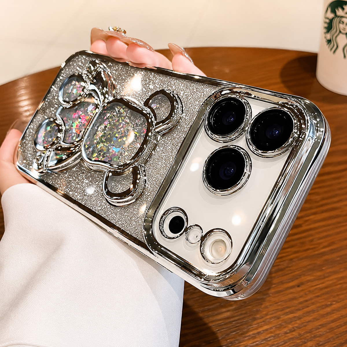 Premium iPhone Case Cute Glitter Quicksand Bear Cover Shockproof Acrylic Cartoon Protective Case With Camera Protection