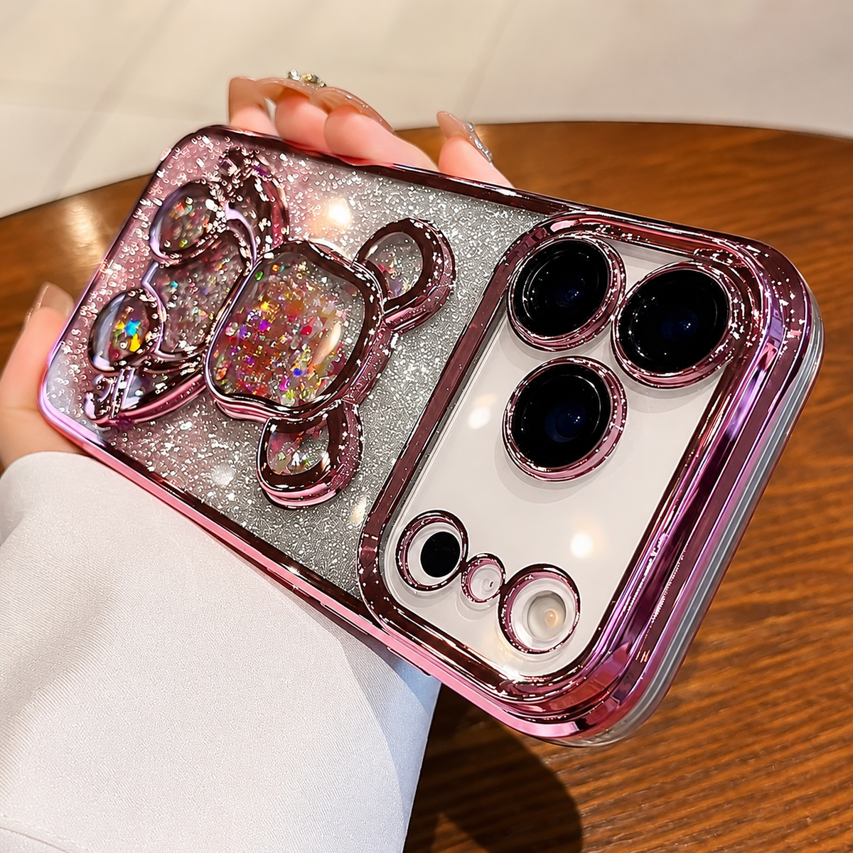 Premium iPhone Case Cute Glitter Quicksand Bear Cover Shockproof Acrylic Cartoon Protective Case With Camera Protection
