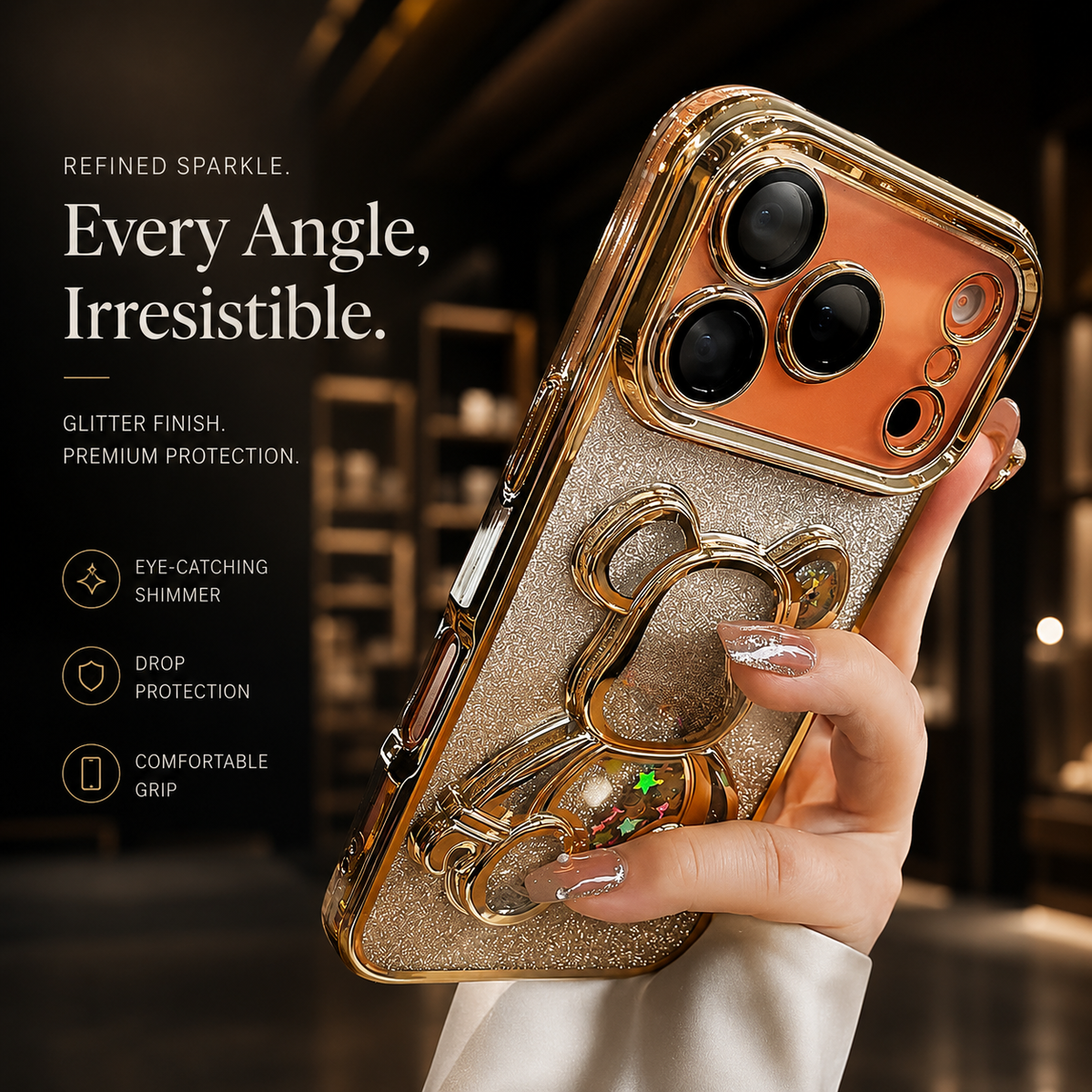 Premium iPhone Case Cute Glitter Quicksand Bear Cover Shockproof Acrylic Cartoon Protective Case With Camera Protection