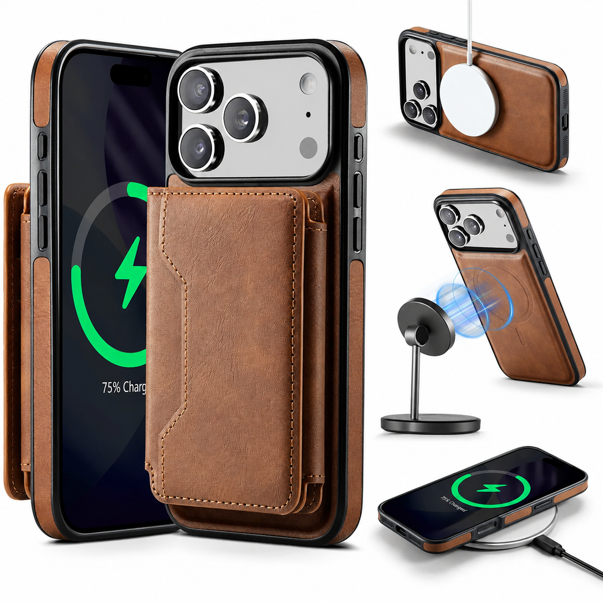 Premium iPhone Case Detachable Magnetic Leather Wallet Cover Card Holder MagSafe Shockproof Scratch Resistant Protection