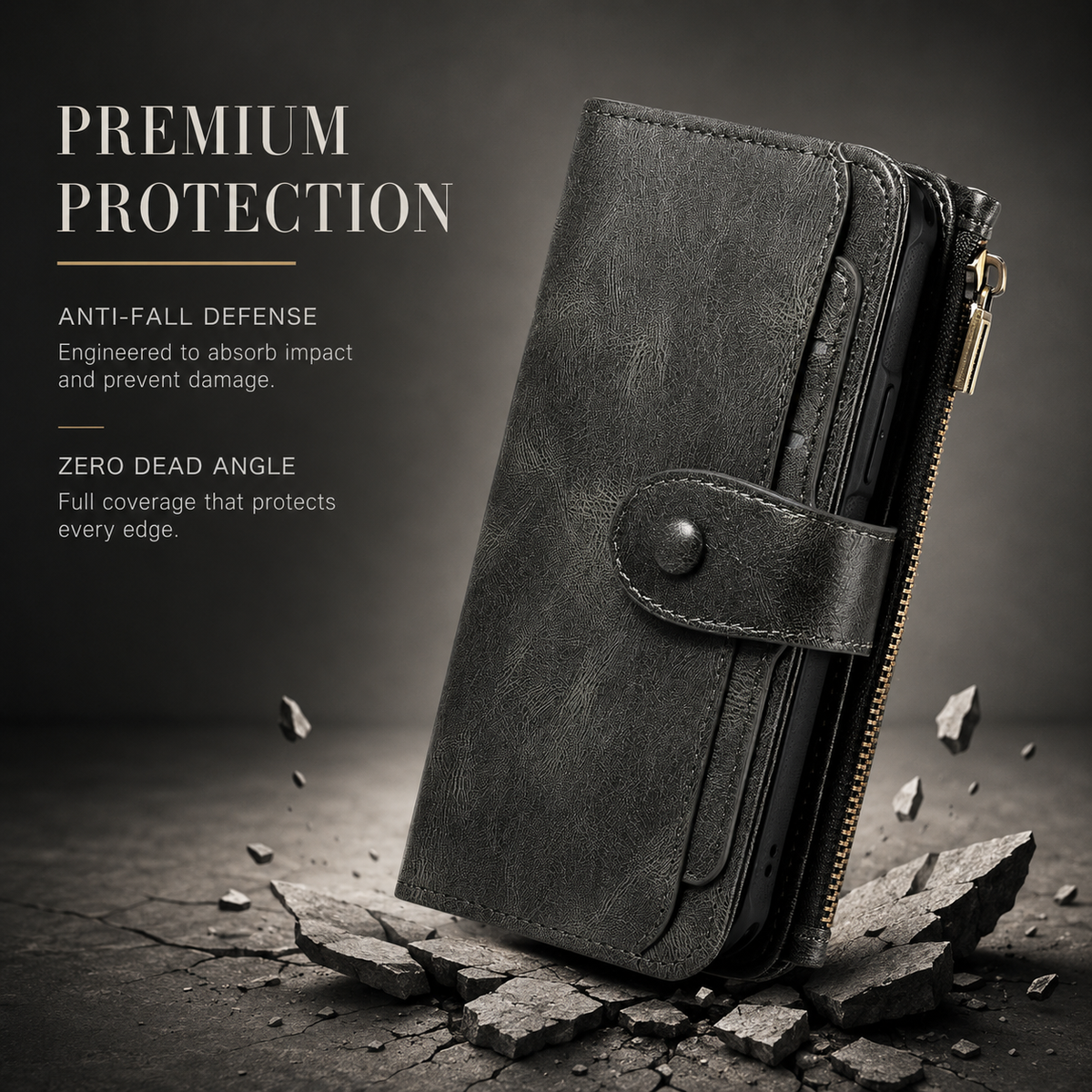 Premium iPhone Case Detachable Retro PU Leather Zipper Wallet Cover Card Slots Shockproof Protection