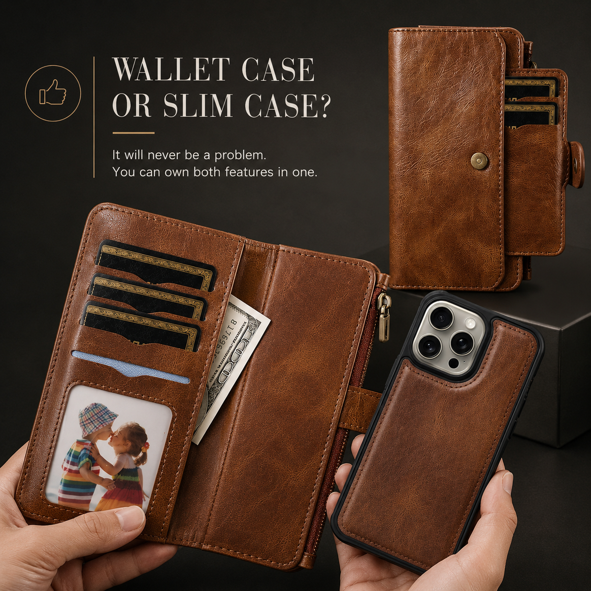 Premium iPhone Case Detachable Retro PU Leather Zipper Wallet Cover Card Slots Shockproof Protection