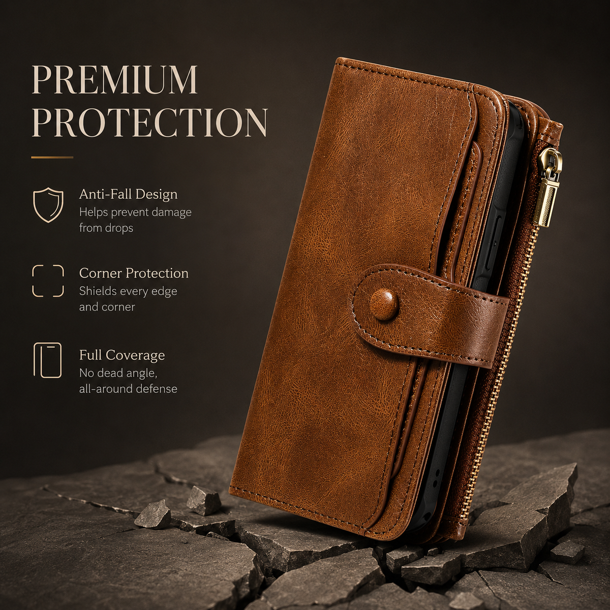 Premium iPhone Case Detachable Retro PU Leather Zipper Wallet Cover Card Slots Shockproof Protection