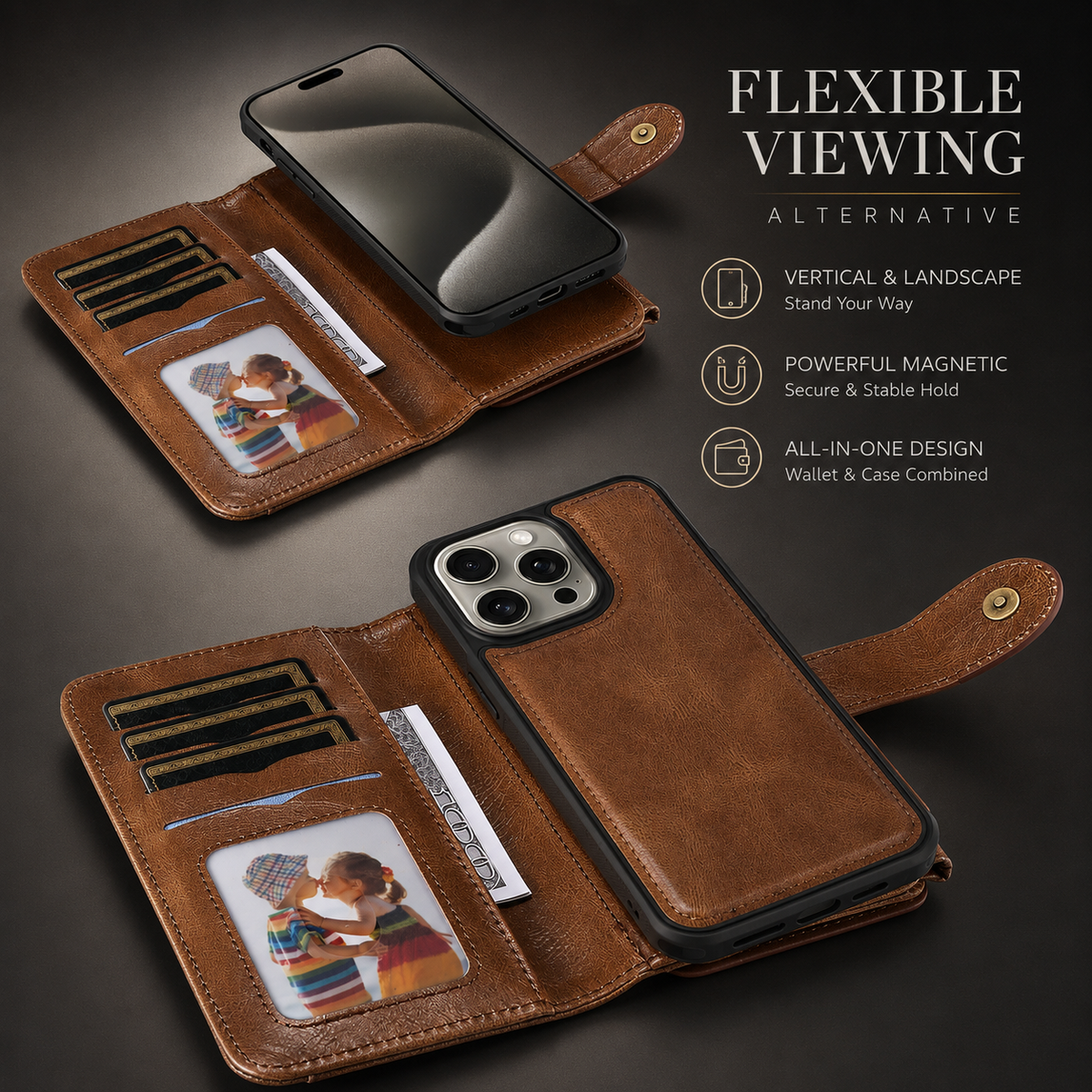 Premium iPhone Case Detachable Retro PU Leather Zipper Wallet Cover Card Slots Shockproof Protection