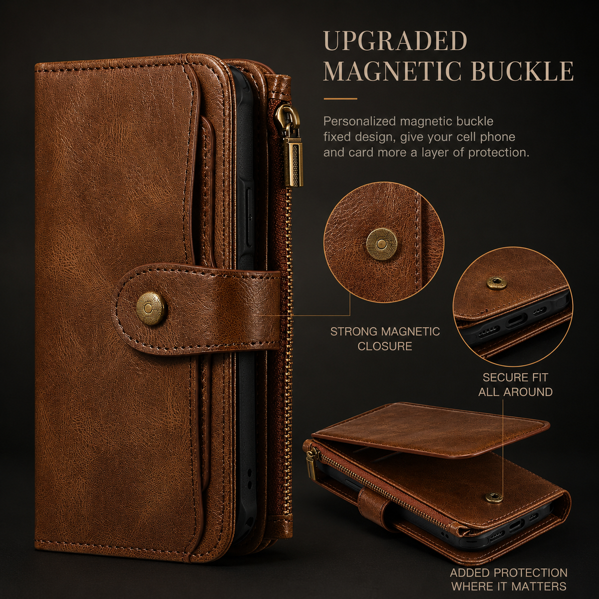 Premium iPhone Case Detachable Retro PU Leather Zipper Wallet Cover Card Slots Shockproof Protection