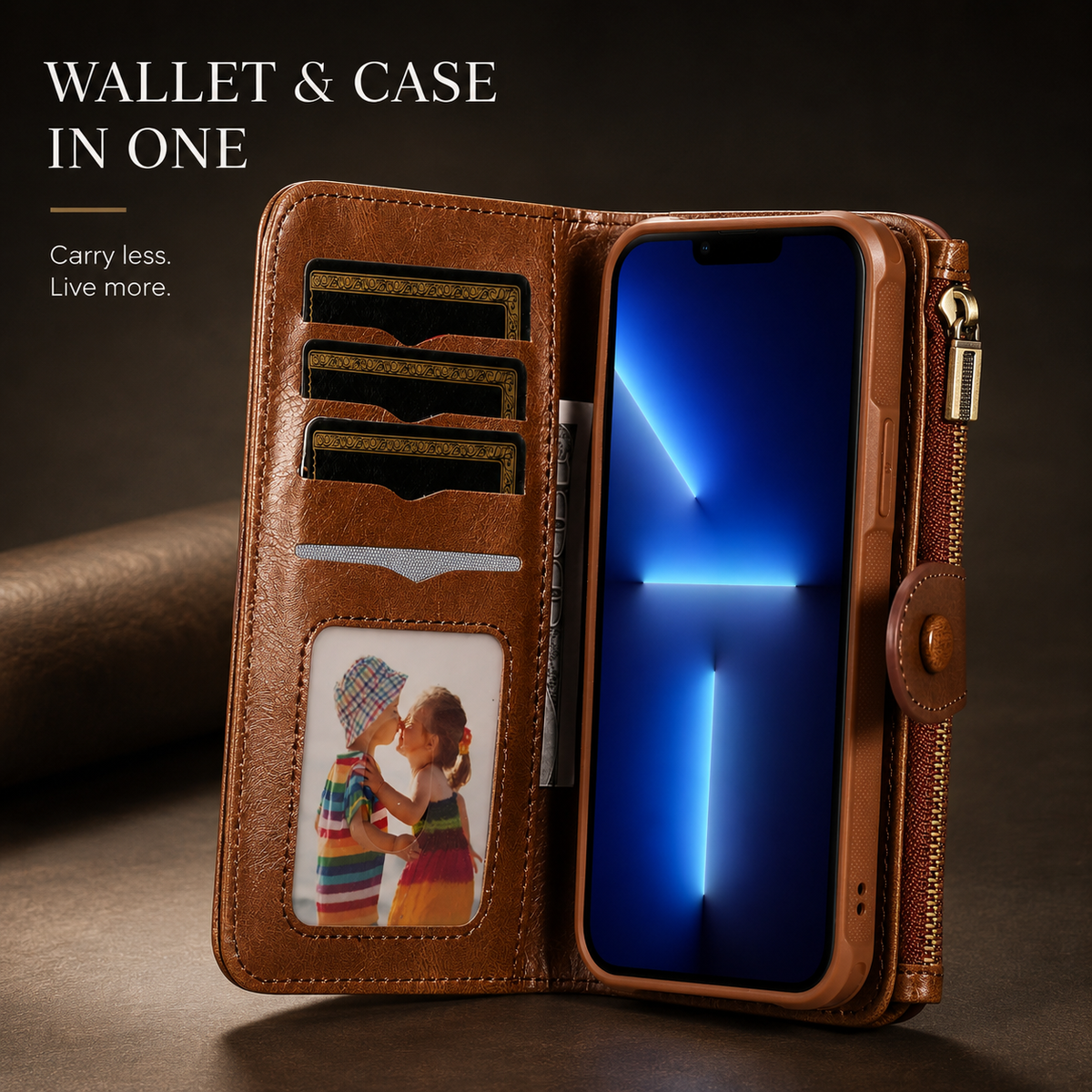 Premium iPhone Case Detachable Retro PU Leather Zipper Wallet Cover Card Slots Shockproof Protection
