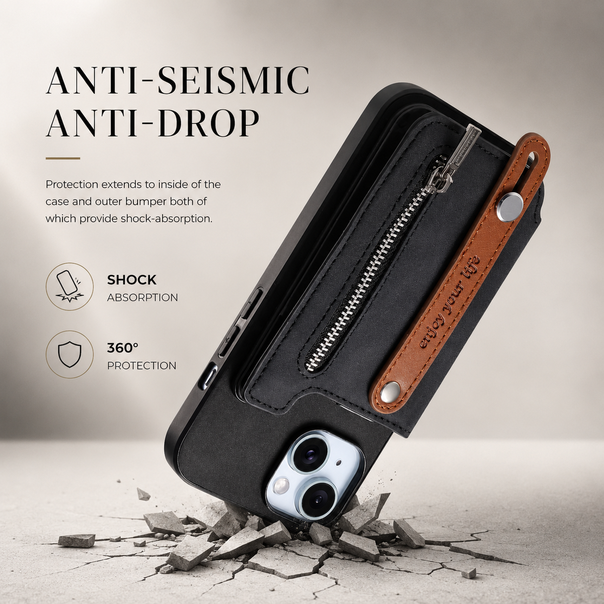 Premium iPhone Case Detachable Zipper Wallet Flip Cover PU Leather Card Holder Shockproof Full Protection