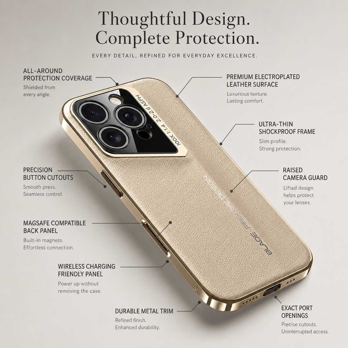 Premium iPhone Case Electroplated Genuine Leather Shockproof Protective Cover Hard Back Slim Design Camera Lens Protection Anti Slip Grip