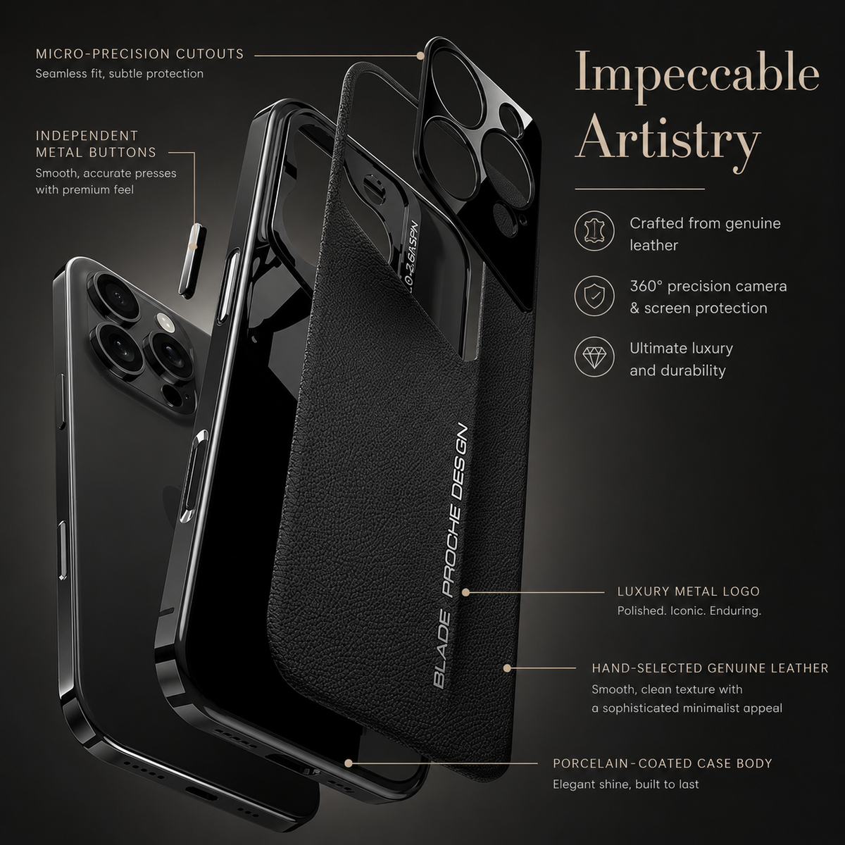 Premium iPhone Case Electroplated Genuine Leather Shockproof Protective Cover Hard Back Slim Design Camera Lens Protection Anti Slip Grip