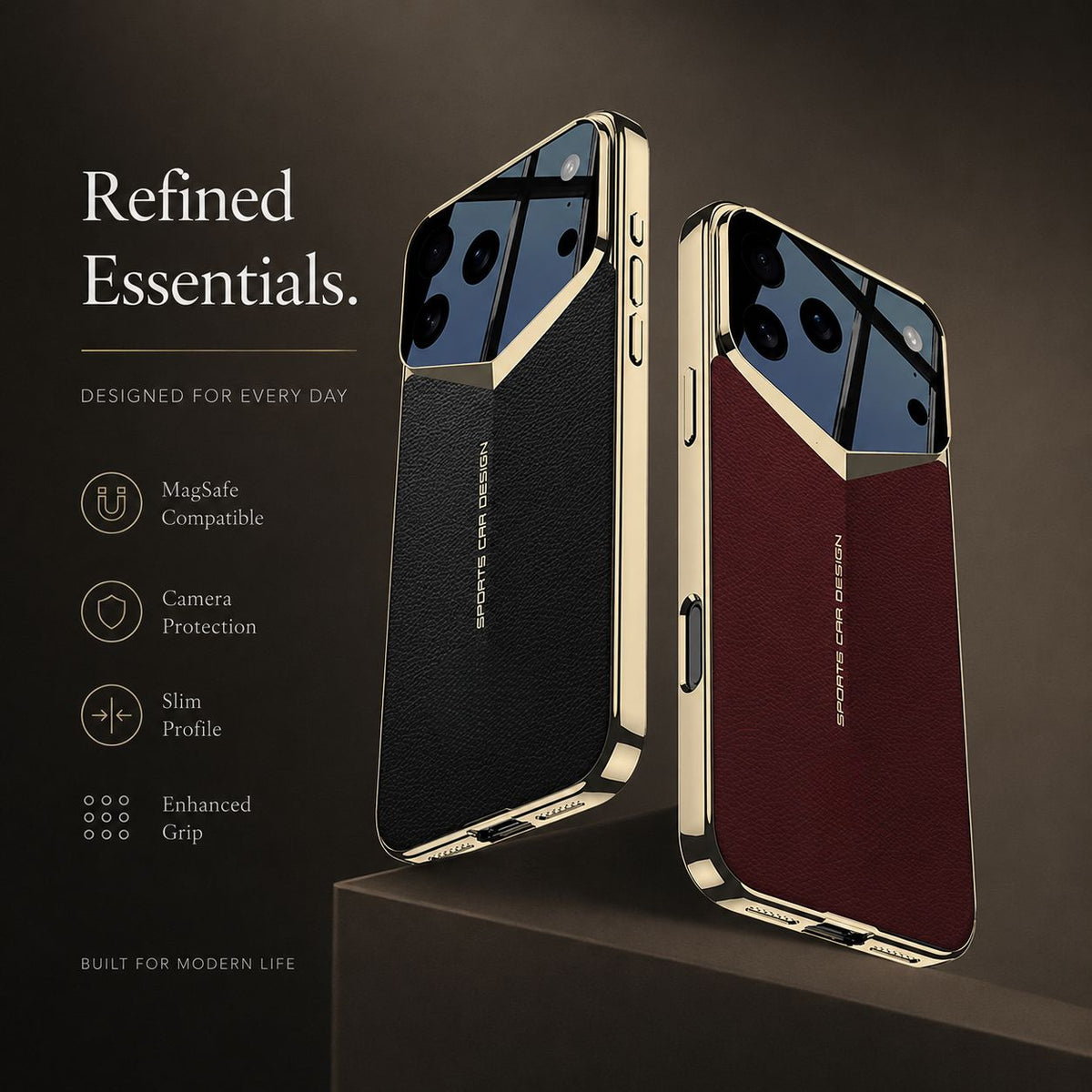 Premium iPhone Case Electroplated Leather Cover Shockproof Protective Hard Shell Lens Protection Case